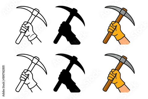 Miner's Hand Evolution. Miner’s hand gripping pickaxe handle mid swing first in line style with thin outline, second in solid