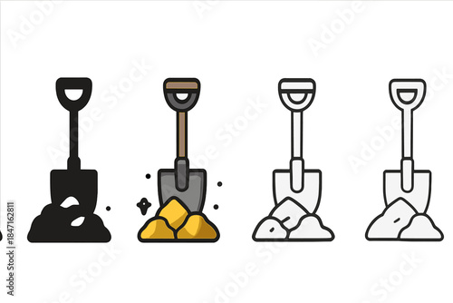 Stylized Shovel Series. Shovel Dust Gold first in line style with thin outline, second in solid style filled shape, third in flat