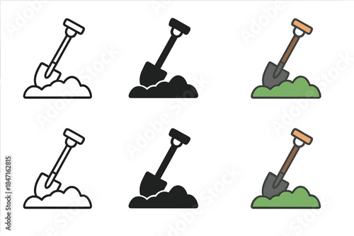 Shovel Art Styles. Shovel Load Ground first in line style with thin outline, second in solid style filled shape, third in flat