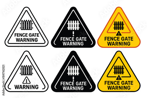 Fence Gate Designs. Fence Gate Warning first in line style with thin outline, second in solid style filled shape, third in flat