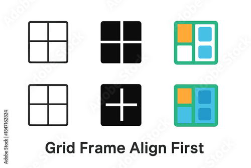 Varied Style Alignment Grid. Grid Frame Align first in line style with thin outline, second in solid style filled shape, third in