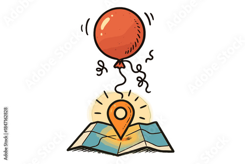 Whimsical Balloon Adventure. Whimsical doodle balloon floating above a glowing map location pin, playful strings and
