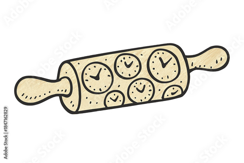 Rolling Pin Clockface. Playful doodle rolling pin decorated with a clockface pattern, symbolizing perfect timing in baking, No