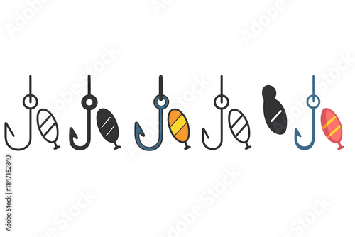 Hook Line Variations. Hook Line Bait first in line style with thin outline, second in solid style filled shape, third in flat