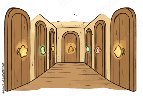 Glowing Door Knobs. Cute doodle hallway lined with doors, each knob shaped like a unique glowing symbol, mysterious yet inviting