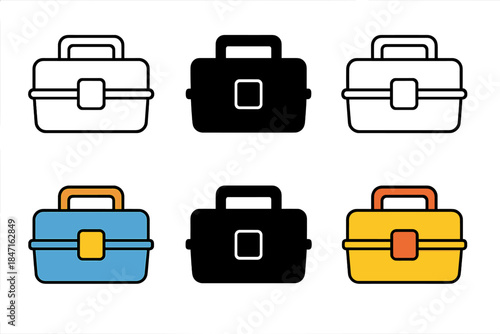 Tackle Box Styles. Tackle Box Gear first in line style with thin outline, second in solid style filled shape, third in flat style