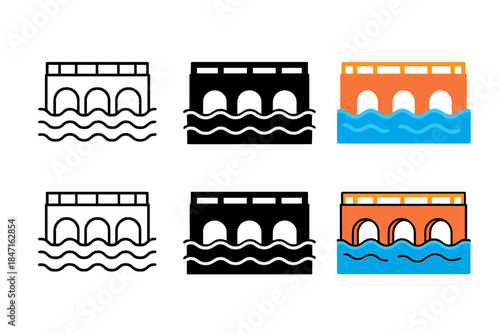 Bridge River Art Styles. Bridge River Flood first in line style with thin outline, second in solid style filled shape, third in