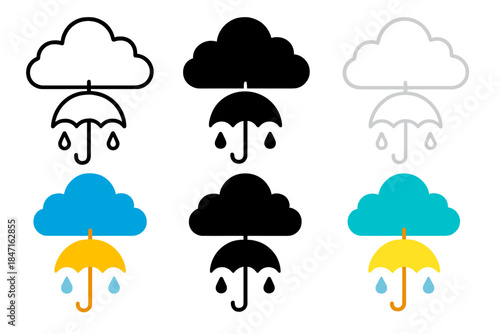 Diverse Umbrella Styles. Umbrella Drop Cloud first in line style with thin outline, second in solid style filled shape, third in