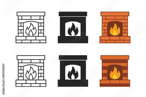 Fireplace Illustration Styles. Fireplace Flame Warmth first in line style with thin outline, second in solid style filled shape,