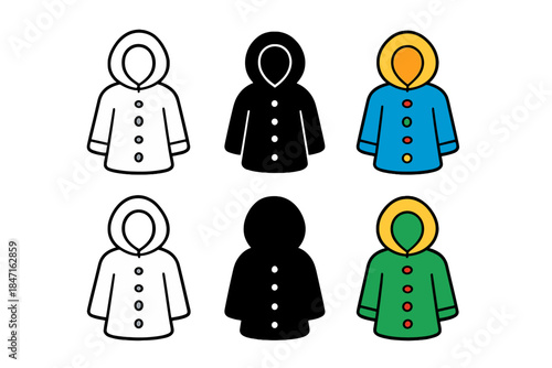 Stylized Coat Buttons. Coat Button Hood first in line style with thin outline, second in solid style filled shape, third in flat