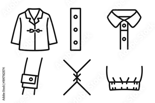 Clasped Outerwear Icons. Line style vector icons of clasped outerwear: hooked coat front, fastened placket view, clipped collar,