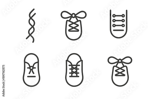 Knotted Footwear Icon Set. Line style vector icons of knotted footwear closures: twisted lace strand, locked bow, ordered eyelet