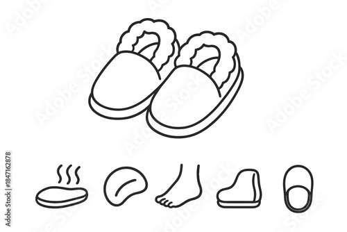 Cozy Indoor Footwear Icons. Line style vector icons of cozy indoor footwear: plush house slip-ons, padded sole layer, gentle