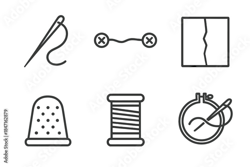 Garment Repair Icons. Line style vector icons of garment repair: fixing needle, joining thread line, aligned fabric tear,