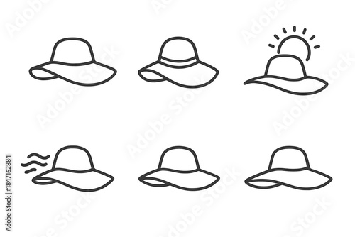 Stylish Beach Hats. Line style vector icons of warm-weather beach hats: protective brim outline, lifted crown curve, tide-motion