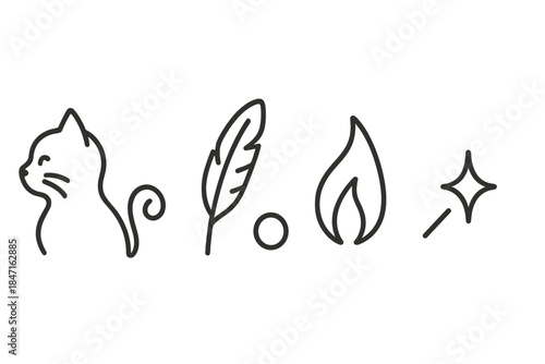 Graceful Line Icons. Line style vector icons of gentle whisker quill fire: smooth cat contour, looping tail tip, fine feather