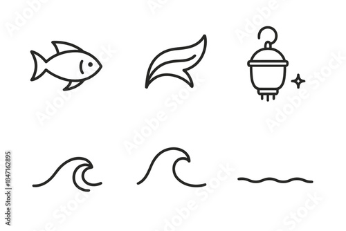Aquatic Lamp Icons. Line style vector icons of aquatic lamp tide: fluid fish shape, flowing fin arc, suspended light lantern, tiny