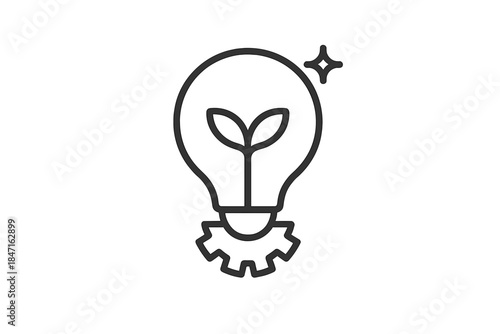 Bulb Sprout Mechanism. Line style vector icons of bulb sprout mechanism: bright bulb outline, soft filament arc, tiny plant bud,