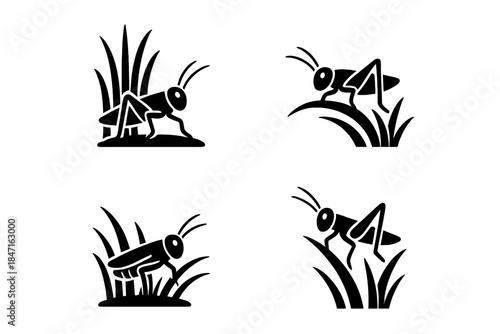 Grassland Cricket Icons. Icons for: a cricket perched by tall stalks, a small leaper on bending blades, a chirper resting among