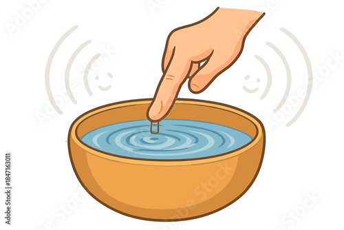 Harmonious Ripples. A wet finger touching the rim of a spinning singing bowl, creating gentle ripples and smiling sound waves