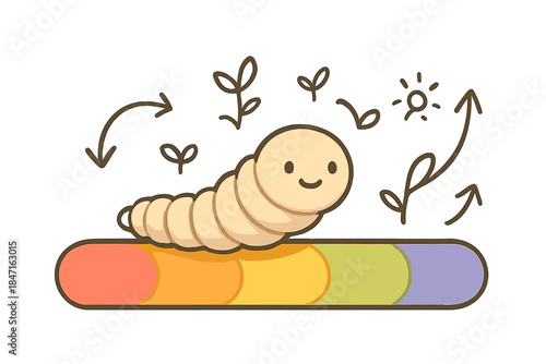 Cute Maggot Journey. A tiny smiling maggot crawling along a colorful progression timeline, surrounded by doodle arrows and gentle