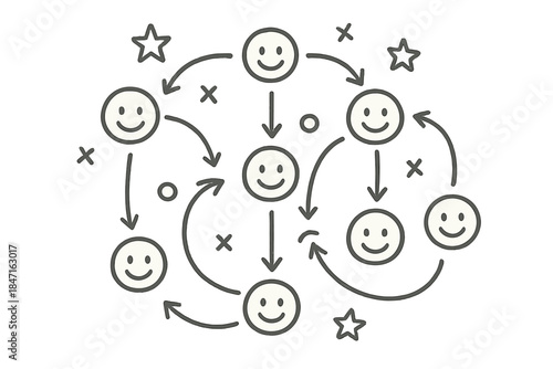 Playful Team Planning. A doodle-style team formation diagram with smiling player icons connected by curved arrows, cute strategy