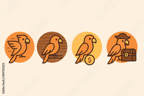 Seafarer Icons Collection. Icons for: motion tying wings, wood, and gold, calm stance uniting perch and coin, warm shimmer