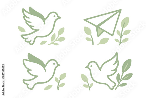 Dove and Gentle Foliage. Icons for: a dove gliding over subtle leaves, a pale flyer drifting past mild greenery, a quiet winged