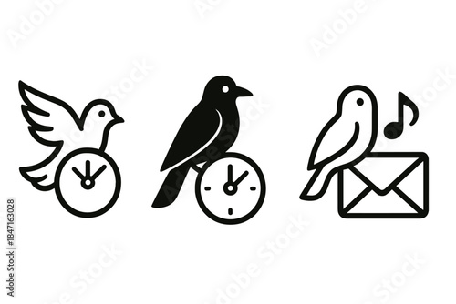 Harmony of Time and Motion. Icons for: motion tying wing, time, and message, quiet poise uniting crow and clock, gentle stillness