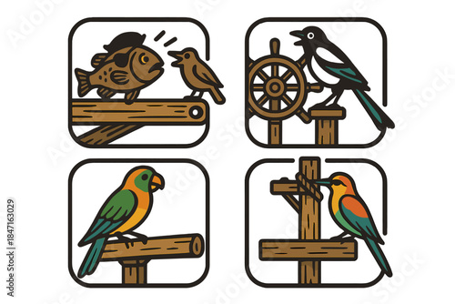 Colorful Navigator Symbols. Icons for: a pirate perch guiding a talkative bird, a weathered rail steering a noisy flier, a