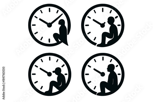 Clock-Inspired Sentinel Icons. Icons for: a clock’s rim guiding a black sentinel, round markings steering a perched observer, a