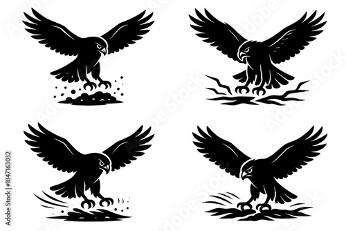 Hawk in Flight. Icons for: a hawk hovering over scattered dust, a fierce flyer pausing above shifting earth, a focused raptor