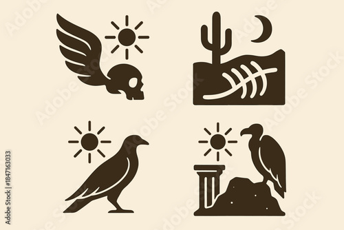 Desert Vulture Symbiosis. Icons for: motion tying heat, wings, and remains, desert rhythm uniting bone and glide, still air