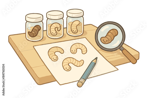 Researcher's Creative Desk. A field researcher’s desk with small labeled jars, smiling larvae sketches, and a doodle magnifier,