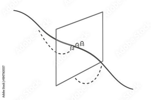 String Intersecting Plane. A single string intersecting a transparent plane, with dotted doodle lines showing entry and exit