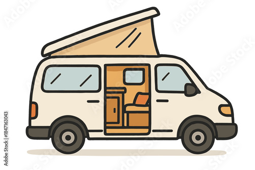 Cozy Van Interior. A side view of a van with pop-up roof and open door showing small cozy living space, friendly doodle