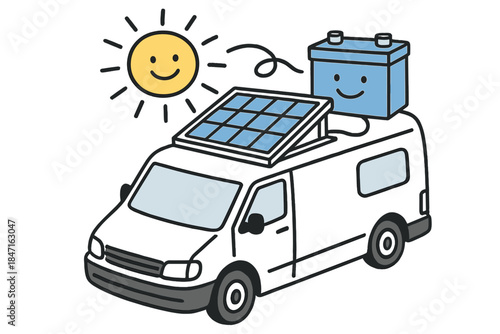 Solar-Powered Van. A solar battery system connected to the van roof, with doodle rays charging it and happy icons of stored energy