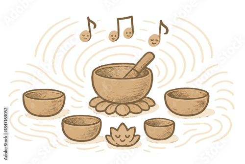 Tranquil Singing Bowls. A serene meditative setup with multiple singing bowls, soft echo lines and floating smiling water notes,