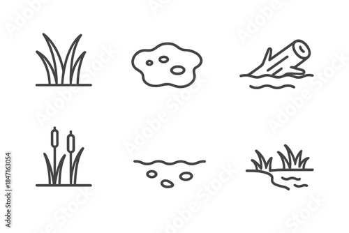 Wooded Marsh Icons. Line vector icons of Wooded Marsh Refuge: marsh grass, soft mud patch, sunken log, light reeds, damp soil,