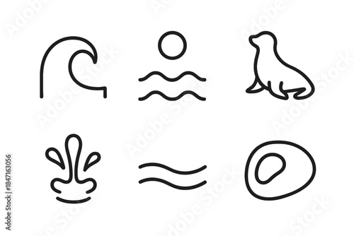 Aquatic Surf Icons. Line vector icons of Aquatic Surf Play: surf curl, mid-air ball, seal silhouette, splash tuft, ebb line,