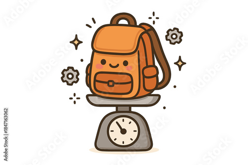 Whimsical Backpack Weigh-in. A tiny scale weighing a cheerful backpack, surrounded by doodle sparkles and floating gear icons,