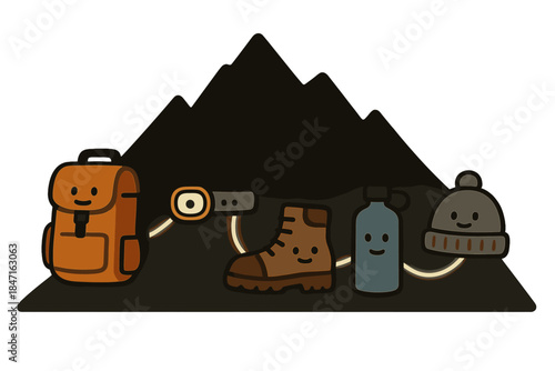 Gear Connects Mountains. A mountain silhouette with a light trail line connecting icons of essential gear, all with friendly