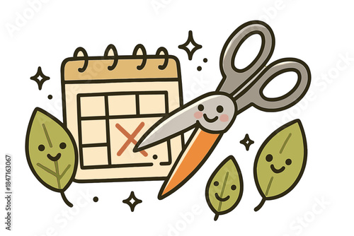 Happy Harvest Snip. A cheerful harvesting scissor snipping a marked day on a calendar, surrounded by smiling leaves and doodle