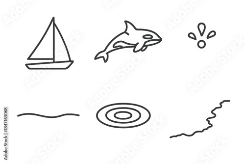Sailwater Orca Scene. Line vector icons of Sailwater Orca Scene: sail outline, orca glide, long water trail, splash mote, calm