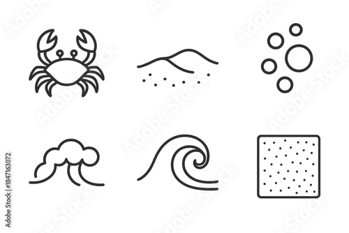 Coastal Sand Crawler Icons. Line vector icons of Coastal Sand Crawler: crawler crab, sandy ridge, bubble dot, foam crest, wave