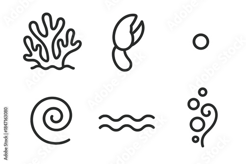 Undersea Line Vector Icons. Line vector icons of Undersea Claw Bloom: blooming coral, lobster pinch hint, tiny sand mote, swirl