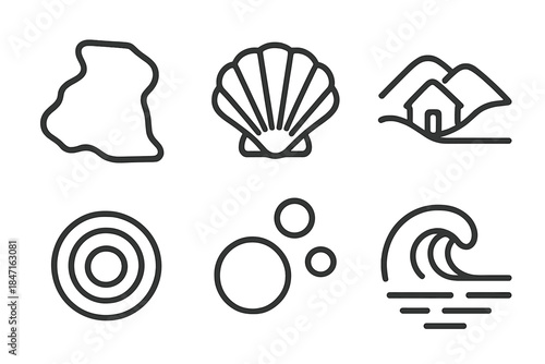 Clam Cove Icons. Line vector icons of Clam Cove Refuge: cove outline, clam hint, quiet refuge, ripple bead, bubble point, surf