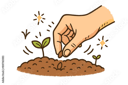 Seed Planting Magic. A hand gently planting a seed into soil, with doodle sprout icons and cheerful motion lines, No text, No