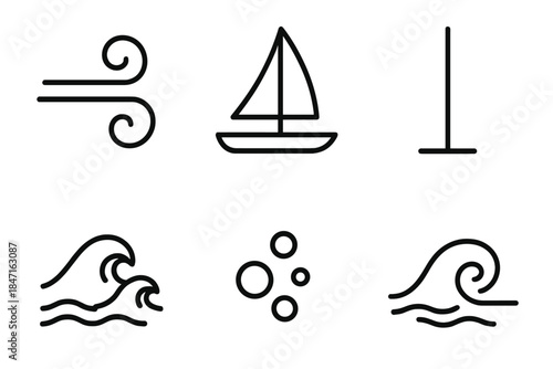 Windborne Vessel Icons. Line vector icons of Windborne Sail Vessel: wind sweep, vessel outline, upright mast, tide flick, foam dot