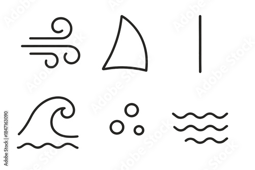Sailing Vector Icons. Line vector icons of Wind Sail Passage: wind mark, sail outline, mast line, crest bead, foam point, ripple